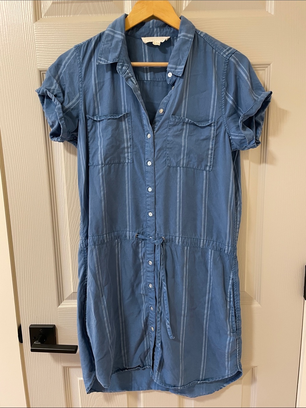 Love Stitch Blue Striped Button-Front Tie-Waist Mini Dress
